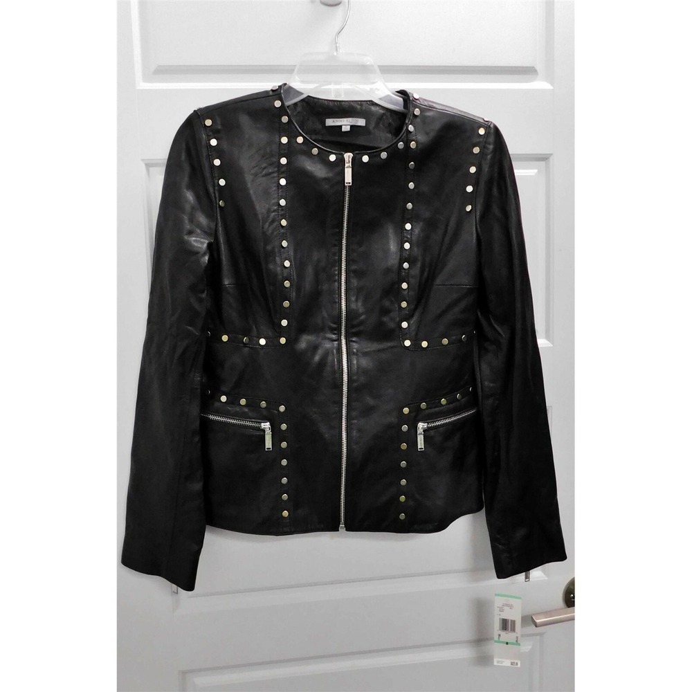 New Anne Klein Black Studded Leather Jacket $625rt sz 8